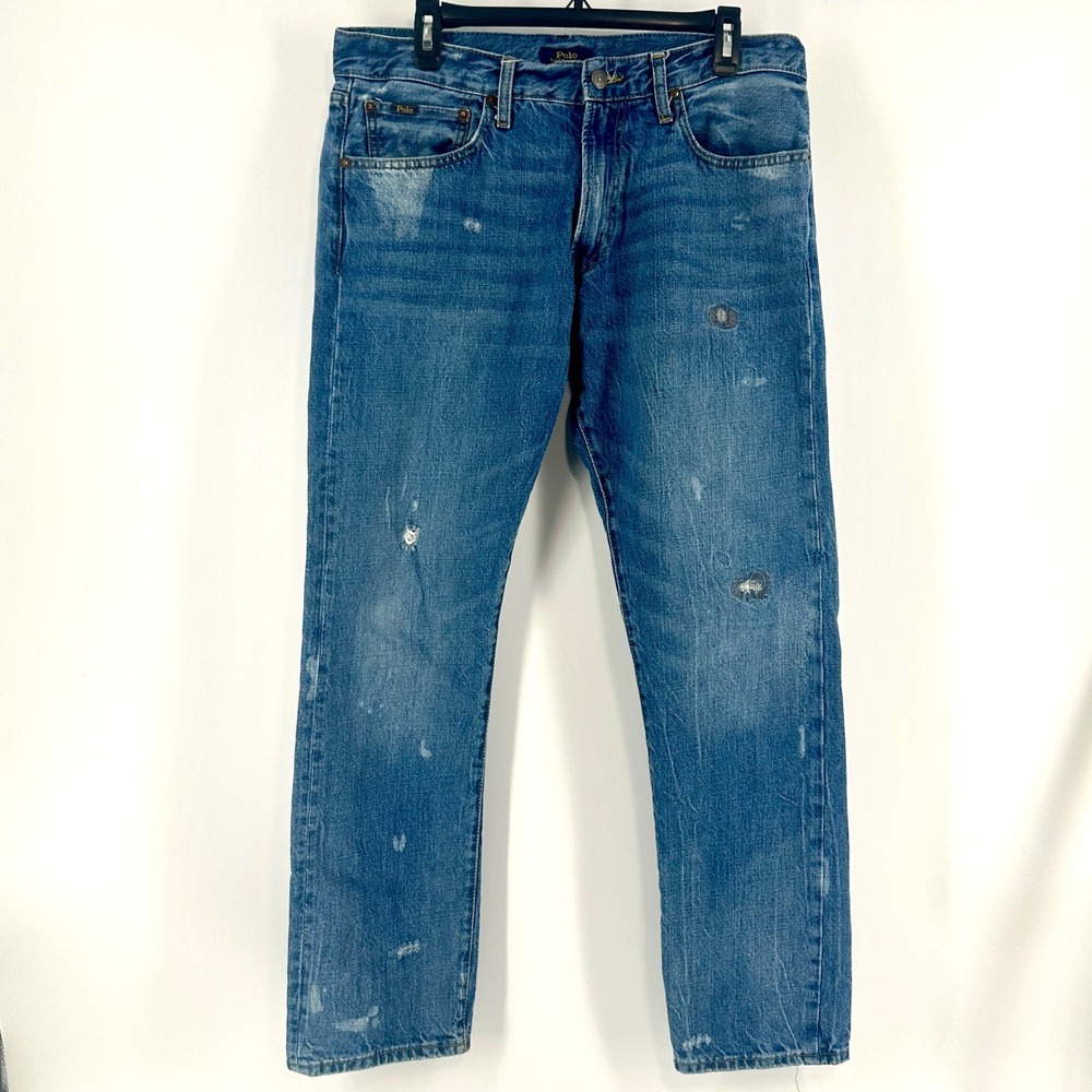 Polo Ralph Lauren Varick Slim Straight Jeans Mens 32x32 Blue Distressed Denim - Picture 2 of 10